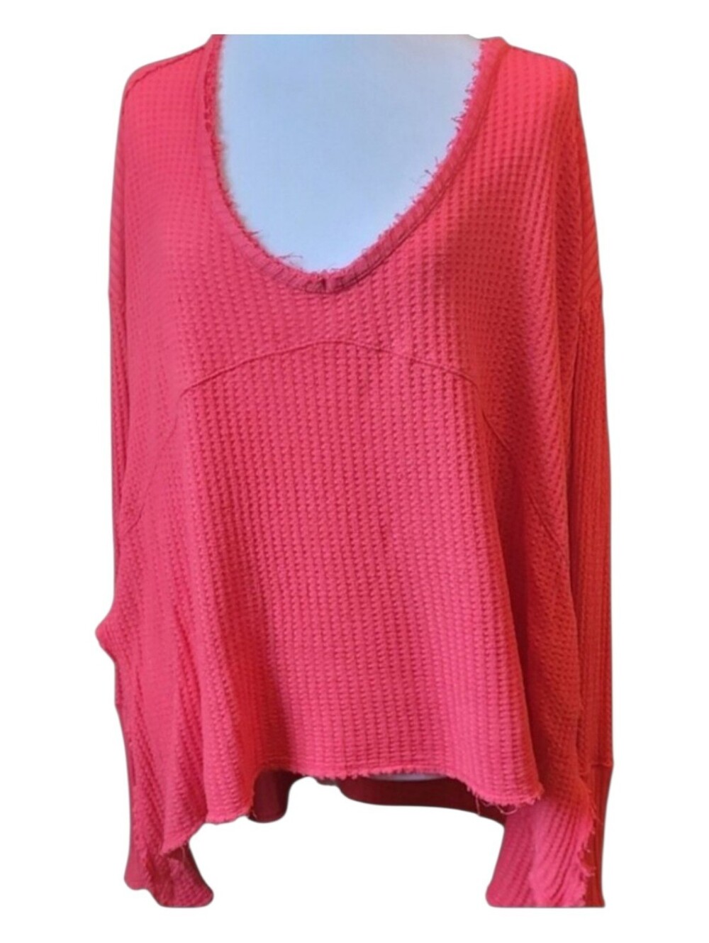 Free People Coral-Pink Waffle Knit Distressed Top
